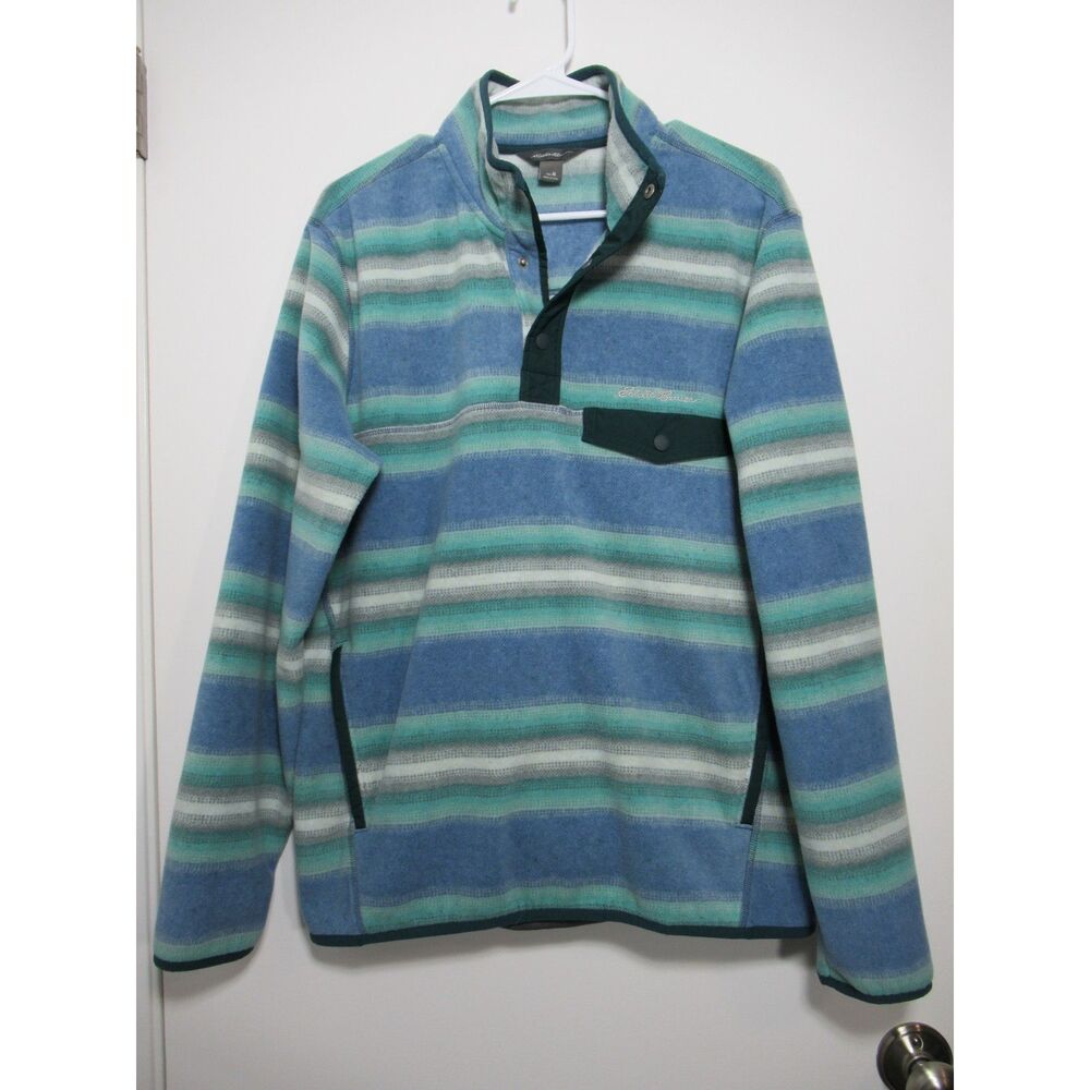 Eddie Bauer Men's Blue & Green Chutes Snap Mock Neck Microfleece Pullover Size M